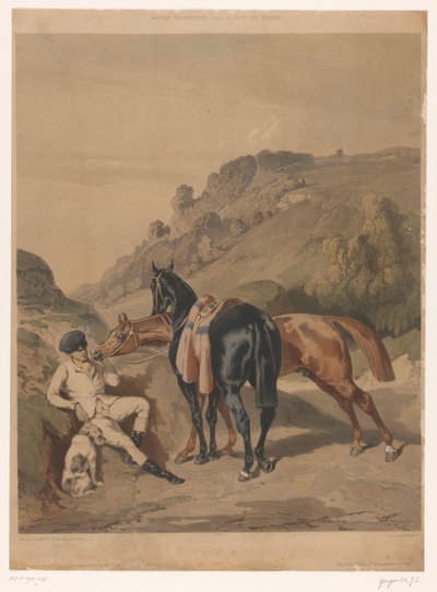 Dos caballos con jinete en reposo en un paisaje
Caballos según Alfred de Dreux (título de la serie)
Motifs équestres d
