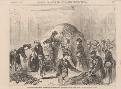 El incendio de Chicago: damas distribuyendo ropa a los sufrientes de ambos sexos, ilustración de Frank Leslies Illustrated Newspaper, 1871 de Joseph after Becker