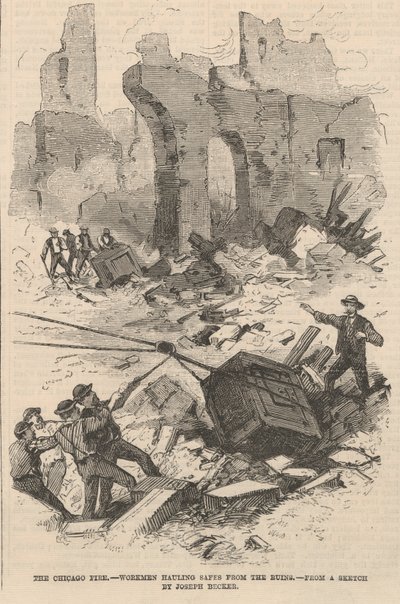 Trabajadores sacando cajas fuertes de las ruinas, ilustración de Frank Leslies Illustrated Newspaper, 1871 de Joseph after Becker