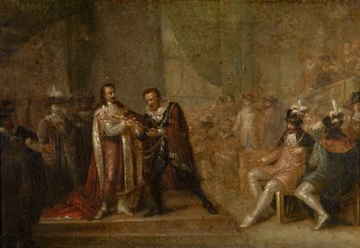 Peter Paul Rubens aceptando una espada de Carlos I de Inglaterra de Joseph de Cauwer