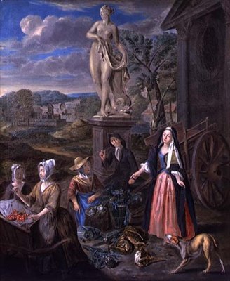 Figuras en un mercado en un paisaje clásico de Joseph van Aken