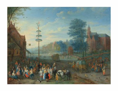 Una kermés de pueblo con figuras bailando alrededor de un palo de mayo de Joseph van Bredael