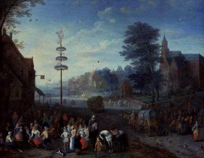 Fiesta del pueblo con aldeanos bailando alrededor de un mayo y viajeros en un camino de Joseph van Bredael