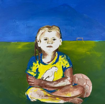 Mädchen mit Taube (Niña con paloma), 2022 (pintura acrílica sobre lienzo) de Josephine Henning