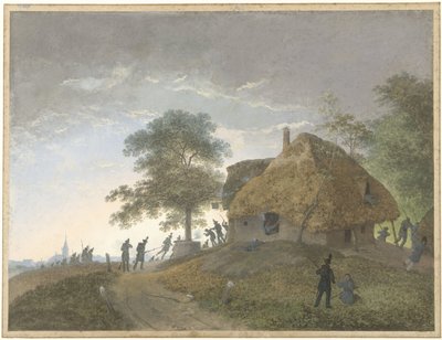 Pelea en una posada o casa con techo de paja en una ladera de Josephus Augustus Knip