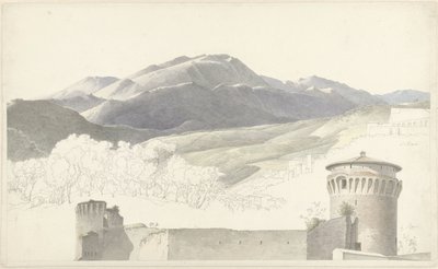 Paisaje en Subiaco y estructura en Roma de Josephus Augustus Knip