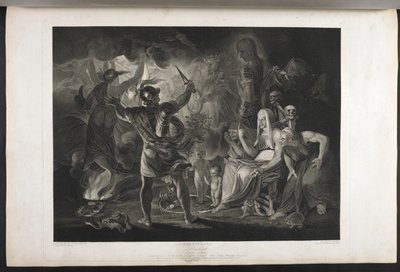 Macbeth.
Acto IV. Escena I.
Una cueva oscura. En el centro un caldero hirviendo. Tres brujas. Macbeth. Hécate.
Macbeth se enfrenta a las brujas y a las apariciones; a sus pies, dentro de una serpiente enroscada, hay un niño pequeño ensangrentado y un ni de Joshua (after) Reynolds