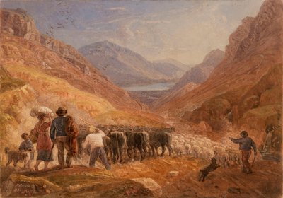 Pastores conduciendo ganado vacuno y ovejas por el paso de Tal-y-Llyn, Gales de Joshua Cristall
