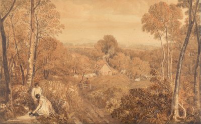 Paisaje boscoso con cabañas y campesinas, Hurley, Berkshire de Joshua Cristall