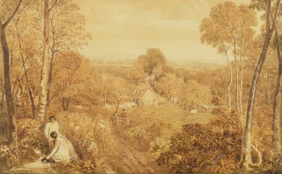 Paisaje boscoso con cabañas y campesinas, Hurley, Berks, 1818 de Joshua Cristall