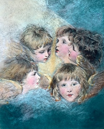Cabezas de ángel - Estudio de un retrato infantil en diferentes vistas. Óleo pintado por el pintor inglés Sir Joshua Reynolds (1723 - 1792) en 1786/1787. Fecha de la imagen: hacia 1910. Archivo Carl Simon de Joshua Reynolds