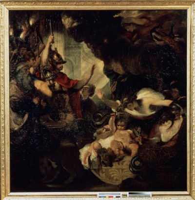 El infante Hércules estrangulando a las serpientes Entre los personajes representados: el vidente Tiresias (izquierda) y la diosa Juno (Hera) con pavos reales (arriba a la derecha). Pintura de Sir Joshua Reynolds (1732-1792) de Joshua Reynolds