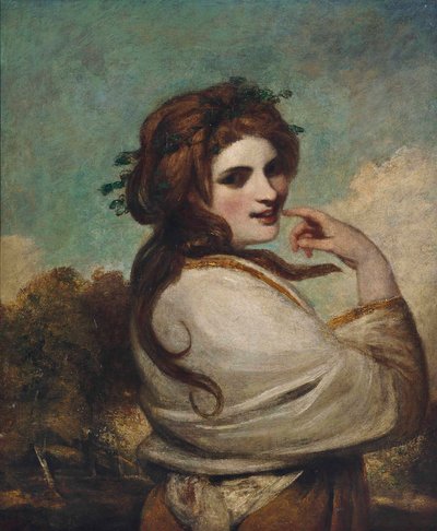 Retrato de Emma, Lady Hamilton, como una Bacante, medio cuerpo, con un vestido amarillo y un chal blanco, en un paisaje de Joshua Reynolds