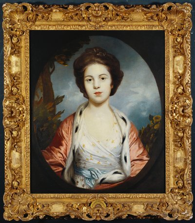 Retrato de Esther, Lady Wray, con un vestido blanco, una capa de armiño dorada y rosa, un paisaje al fondo de Joshua Reynolds