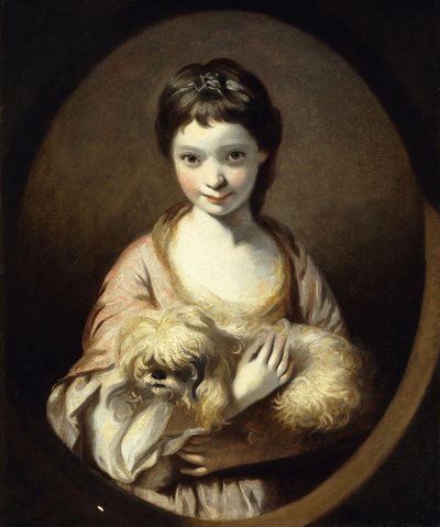 Retrato de la Srta. Emilia Vansittart, medio cuerpo, vistiendo un Vestido Rosa y Blanco sosteniendo un Perro, c.1767-68 de Joshua Reynolds
