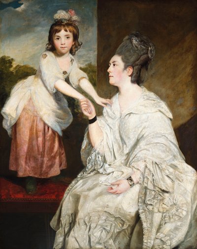 Retrato de la Sra. Sarah Otway, con traje blanco con su hija Jane frente a una ventana de Joshua Reynolds