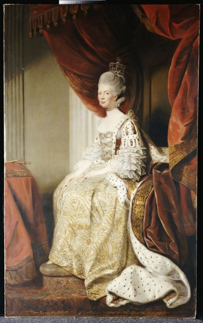 Retrato de la Reina Carlota, de cuerpo entero, sentada con ropas de estado de Joshua Reynolds