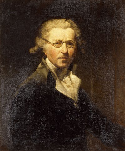 Retrato del artista, medio cuerpo, con un abrigo verde oliva, usando gafas de Joshua Reynolds