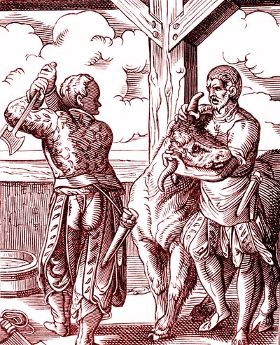 Un carnicero - Comida y cocina en la Edad Media. Grabado de Jost Amman (1539-1591). Grabado de 1878 de Jost (after) Amman