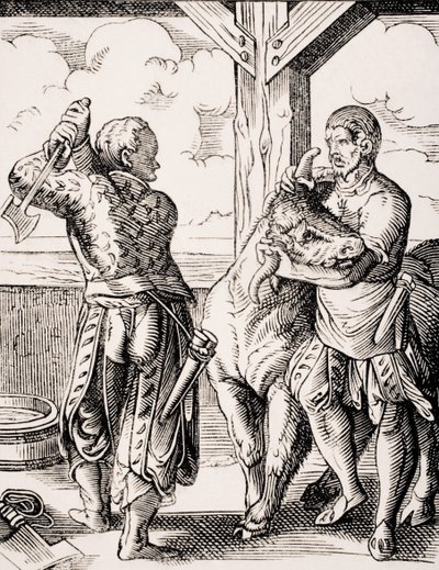 El carnicero y su ayudante, reproducción de un grabado del siglo XVI de Jost Amman (1539-91) extraído de "Le Moyen Age et La Renaissance" de Paul Lacroix (1806-84) publicado en 1847 (litografía). de Jost (after) Amman