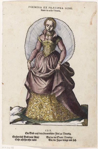 Mujer noble con traje veneciano
Foemina ex praecipua nobilitate in urbe Veneta / Ein Weib ausz dem fürnembsten Adel zu Venedig (título en el objeto)
Habitus praecipuorum populorum (...) (título de la serie) de Jost Amman