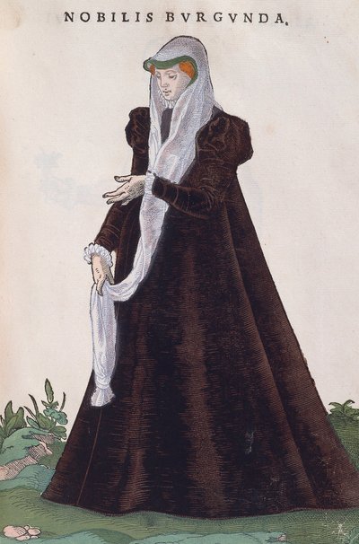 Mujer noble de Borgoña en traje tradicional, grabado de Habitus praecipuorum popularum de Jost Amman