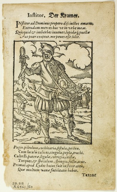 Der Kramer (El vendedor ambulante) de De omnibus illiberalibus sive mechanicis artibus por Hartmann Schopper, lámina 50 de Grabados en madera de libros del siglo XVI de Jost Amman