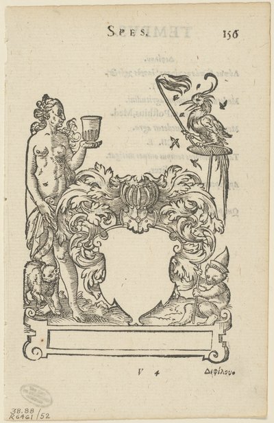 Emblema con escudo heráldico en blanco, folio 156 de la Anthologia Gnomonica de Jost Amman