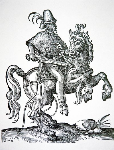 Soldado a caballo con pistola de rueda, ilustración de 