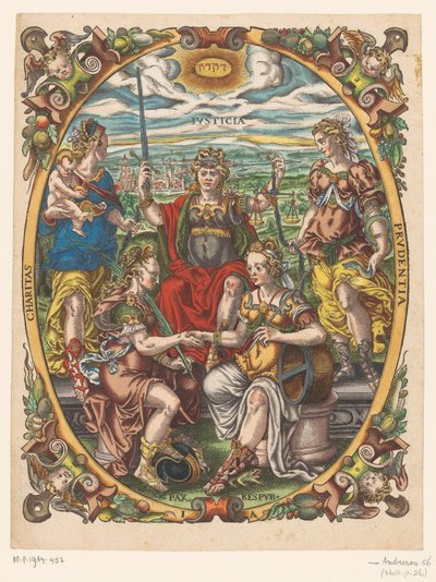 Personificaciones de Justitia, Caritas, Prudentia, Pax y Republica de Jost Amman