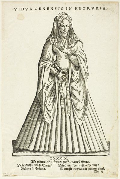 Vidua Senensis in Hetruria (Viuda de Siena en Toscana) del Trachtenbuch de H. Weigel, lámina 51 de xilografías de libros del siglo XVI de Jost Amman