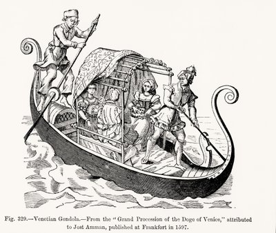 Góndola Veneciana, de la Gran Procesión del Dux de Venecia, ilustración de Ciencia y Literatura en la Edad Media y el Renacimiento, grabado por Paul Lacroix, 1878 de Jost (after) Amman
