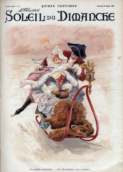 Diversión de invierno: trineo. Una pareja elegante en trineo y patinaje sobre hielo deslizándose sobre la nieve. Según J. Koppay. Grabado en “Le soleil-du-dimanche”, 22 de enero de Joszi Arpad Koppay