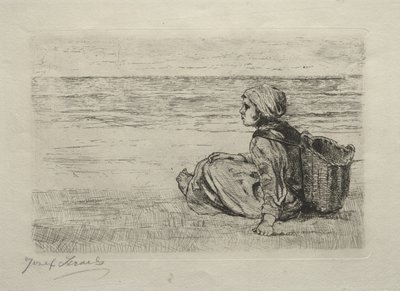 Niña con cesta sentada en la orilla de Jozef Israëls
