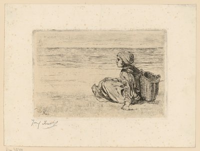Niña con una cesta a la espalda en la playa de Jozef Israëls