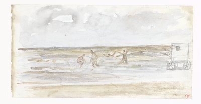 Bañistas en el mar y un autocar de playa de Jozef Israëls