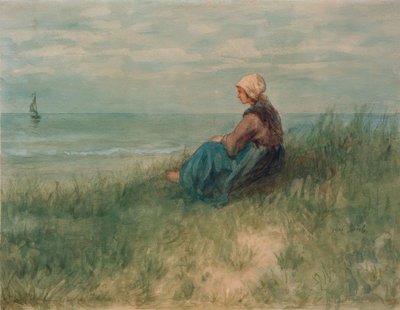 Chica en las dunas mirando hacia afuera de Jozef Israëls