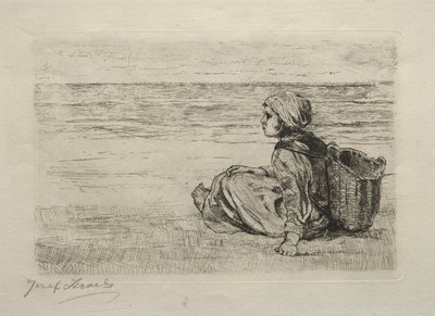 Niña con cesta sentada en la orilla de Jozef Israëls