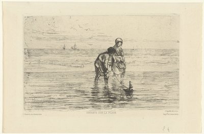 Niños jugando con un bote en la playa Enfants sur la plage (título sobre objeto) de Jozef Israëls