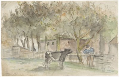 Paisaje con una vaca y un granjero de Jozef Israëls