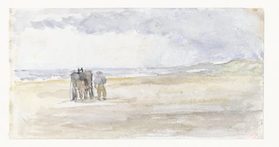 Hombre con caballo y carro en la playa de Jozef Israëls