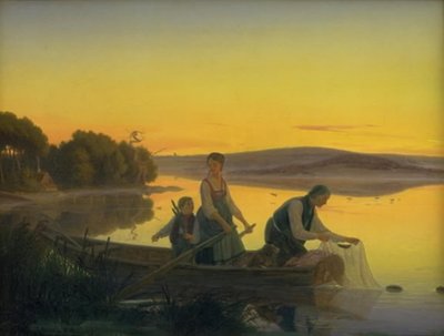 Un viejo pescador colocando sus redes por la noche de Jørgen V. Sonne