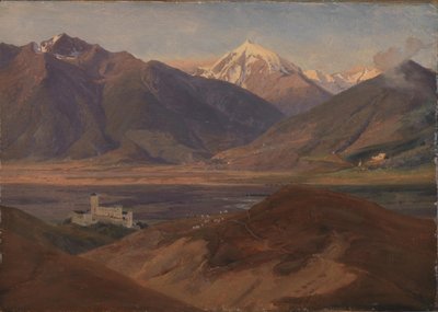 Paisaje montañoso en Venosta con el castillo Coira y la montaña Ortles de Jørgen V. Sonne