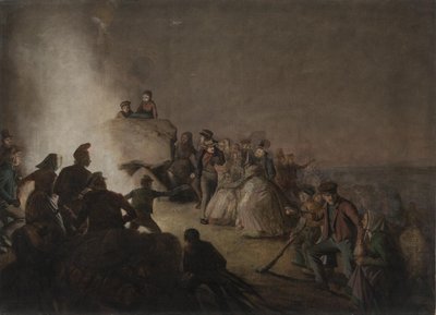 Noche de San Juan. Campesinos que han encendido una hoguera en un túmulo, bailan alrededor del fuego de Jørgen V. Sonne