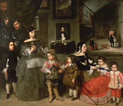 La familia del artista, a la izquierda los cuatro hijos del primer matrimonio del artista con la hija de Diego Velázquez, Gaspar, Melchor, Baltasar y María Teresa; a la derecha su segunda esposa Francisc de Juan Bautista Martinez Del Mazo
