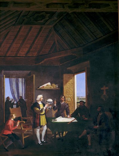 El físico de García Fernández Pera Juan Pérez y Martín Alonso Pinzón conversando en la sala capitular del monasterio de la era de La Rábida (óleo sobre lienzo) de Juan Cabral Bejarano