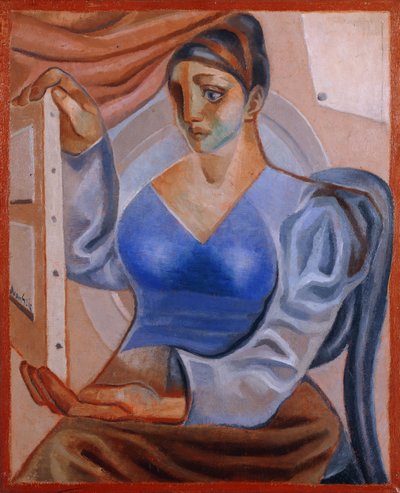 Mujer con una pintura de Juan Gris