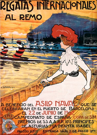 Cartel de un evento deportivo ""Regata Internacional de Remo"", ilustración de Joan Llaverias i Labro (1865-1938). 22/06/1902. DR de Juan Llaverias Llabro