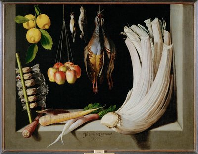 Bodegón de caza con pájaros, verduras y limones (pintura sobre lienzo) de Juan Sanchez Cotan