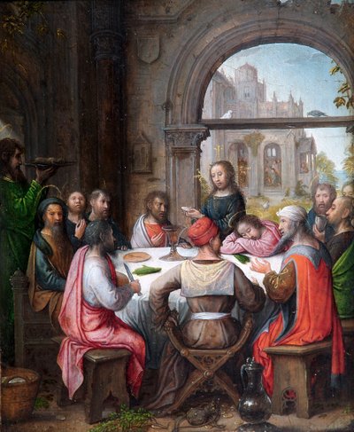 La Última Cena, con la institución de la Eucaristía y Cristo lavando los pies de los discípulos (óleo sobre tabla de roble) de Juan de (school of) Flandes